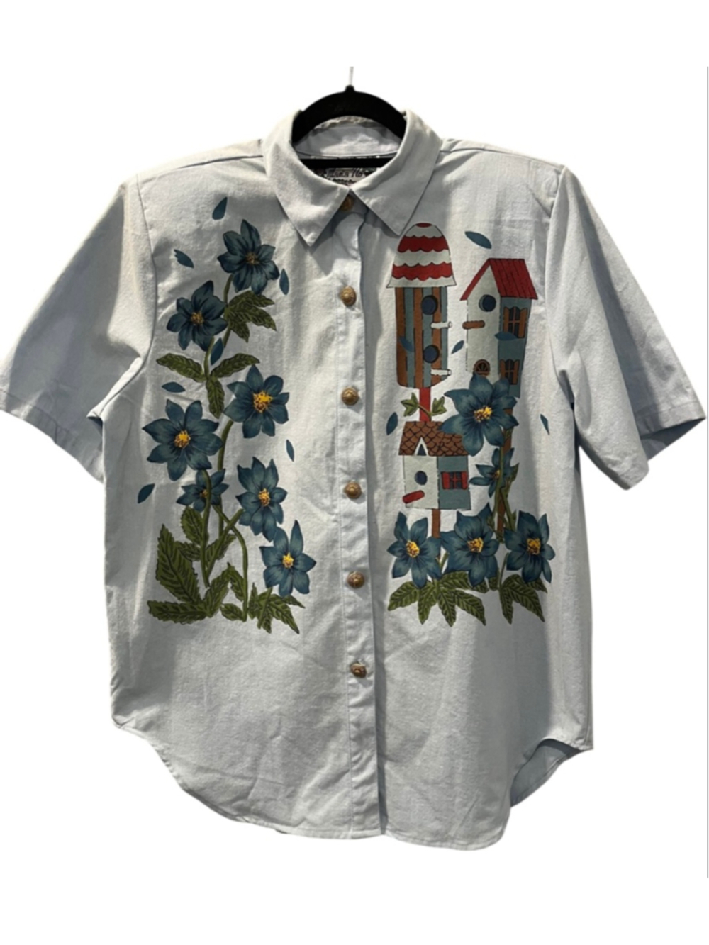 VTG 80s Maria No Women Short Sleeve Button Up Shirt Blue Floral Birdhouse Large
